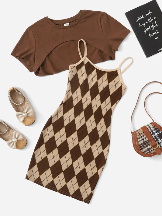 Argyle Print Slip Dress With Super Crop Top