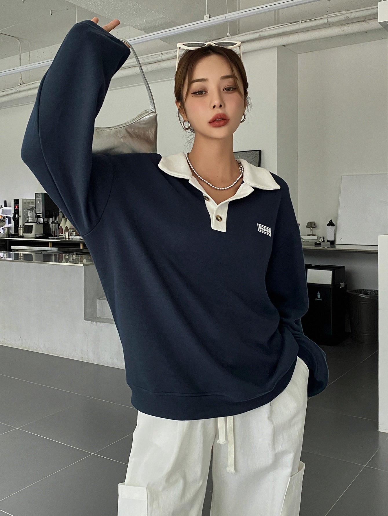 Polo Neck Drop Shoulder Sweatshirt