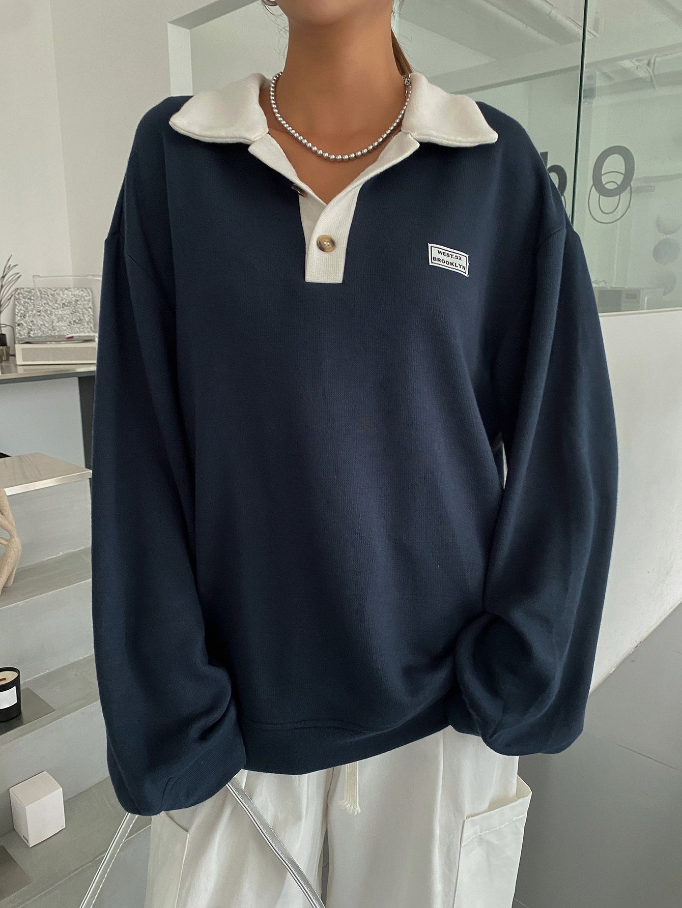 Polo Neck Drop Shoulder Sweatshirt