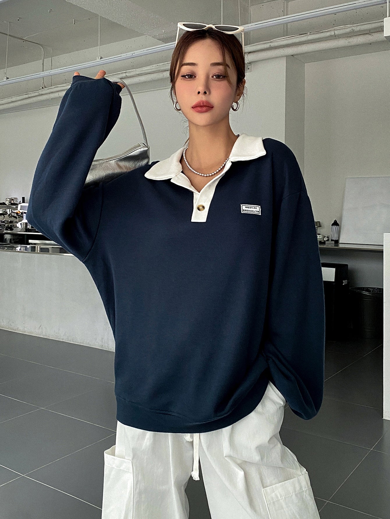 Polo Neck Drop Shoulder Sweatshirt