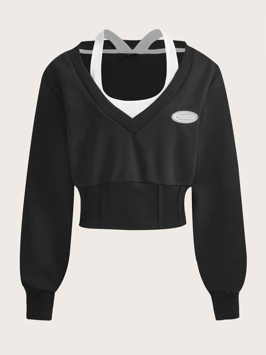 Patched Drop Shoulder 2 In 1 Sweatshirt