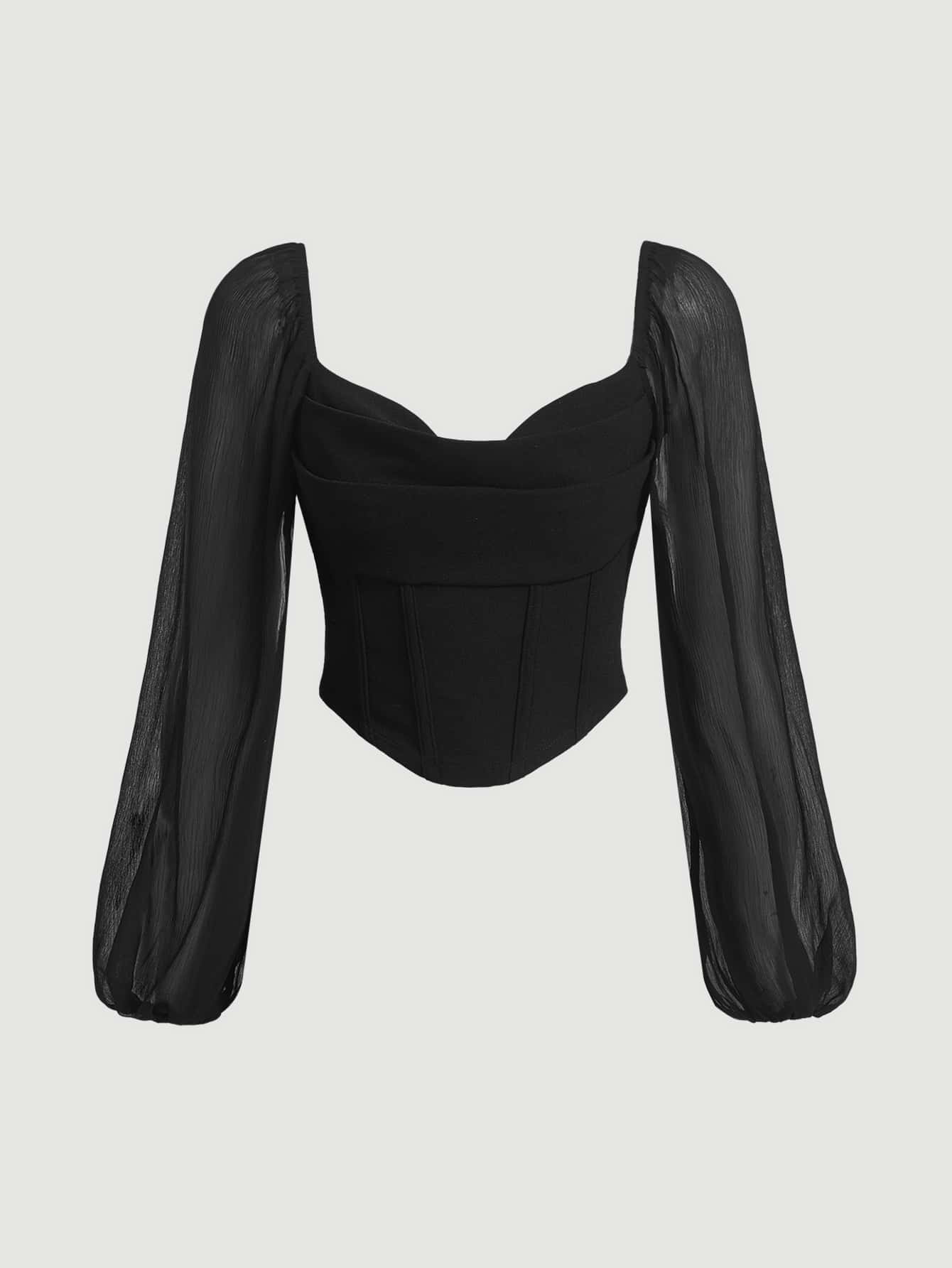 Lantern Sleeve Ruched Scoop Neck Crop Top