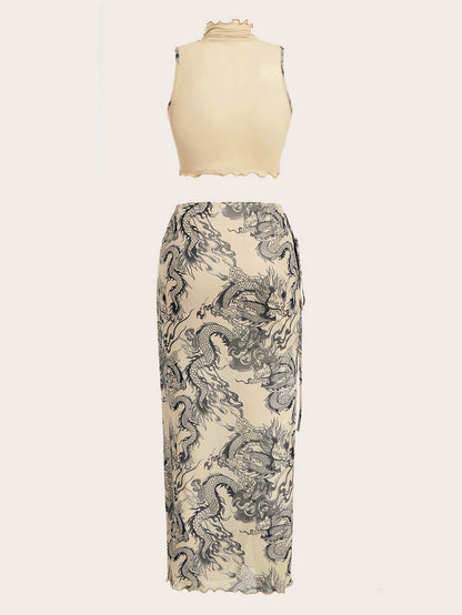 Chinese Dragon Crop Tank Top Skirt