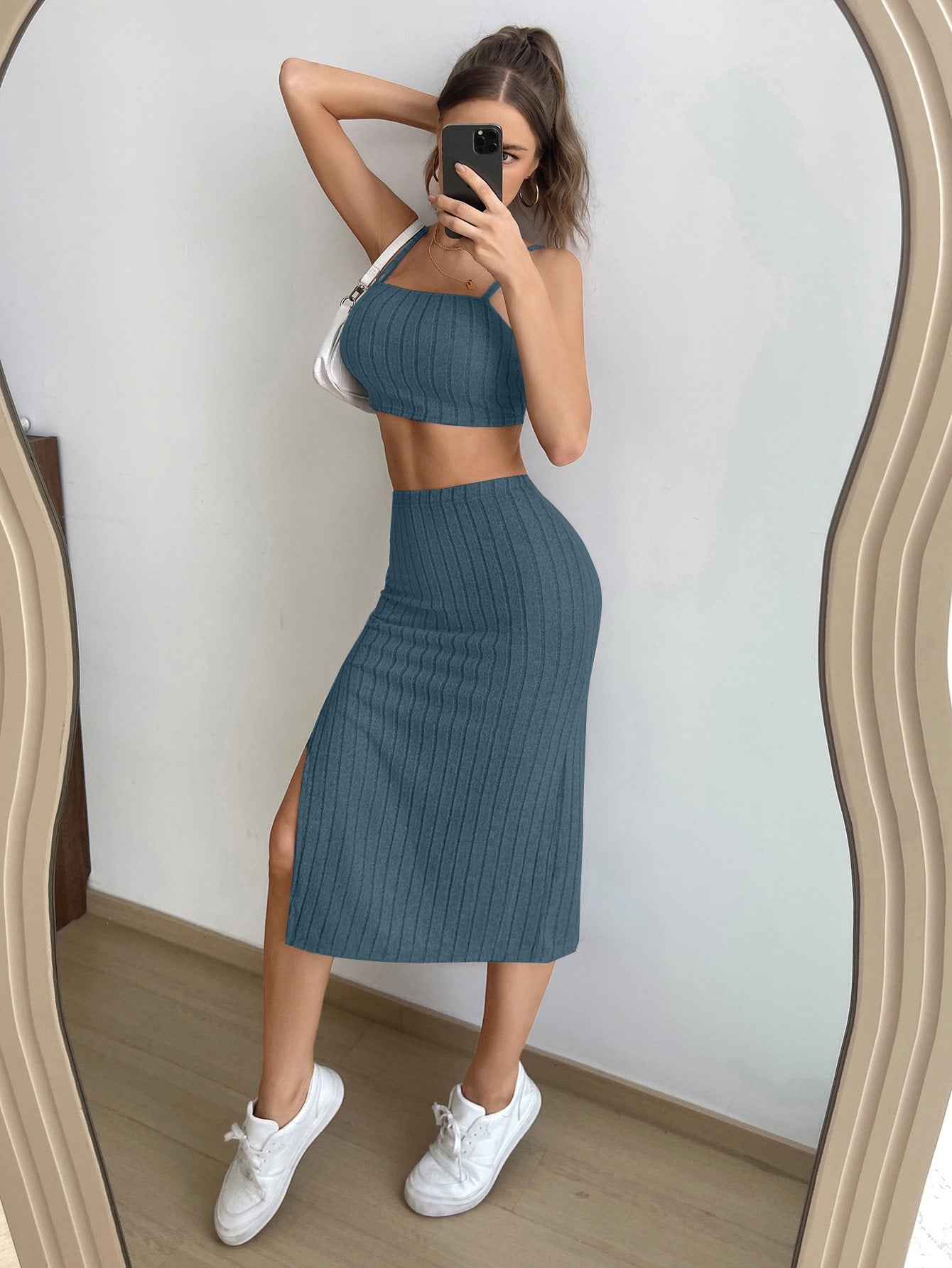 Solid Cami Top Split Thigh Skirt