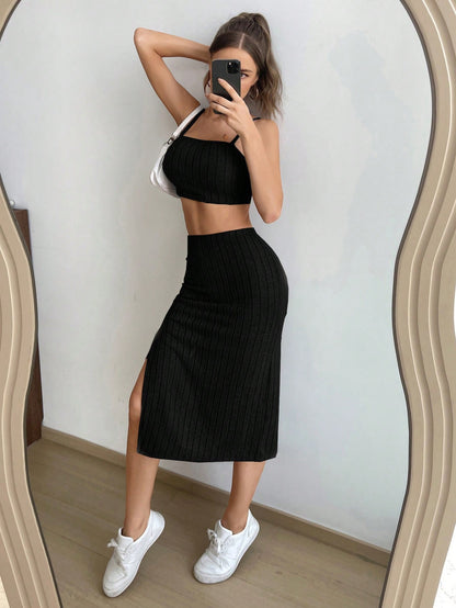 Solid Cami Top Split Thigh Skirt