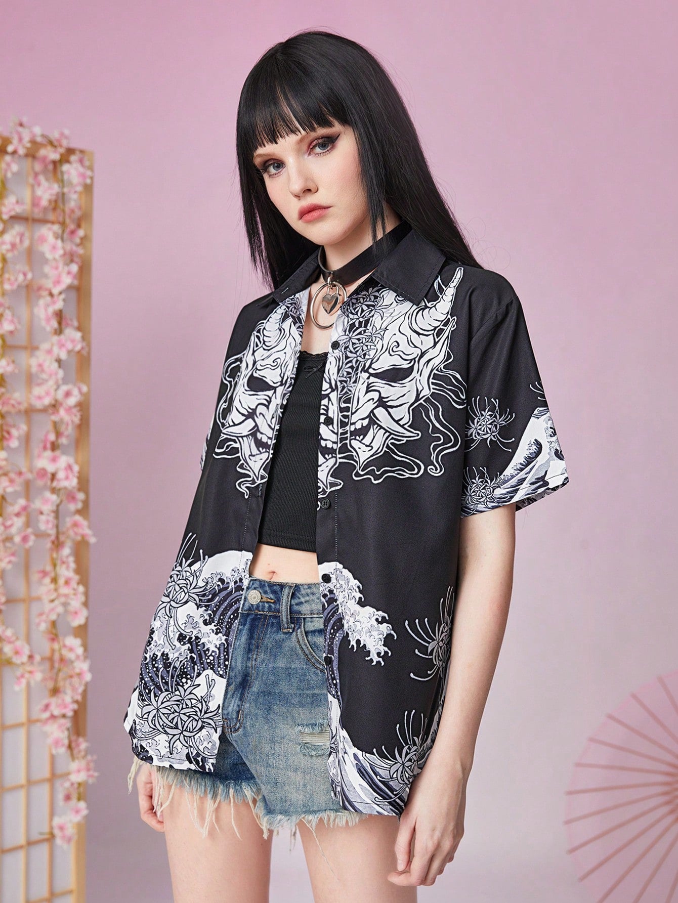 Anime Skull Floral Print Button Front Shirt