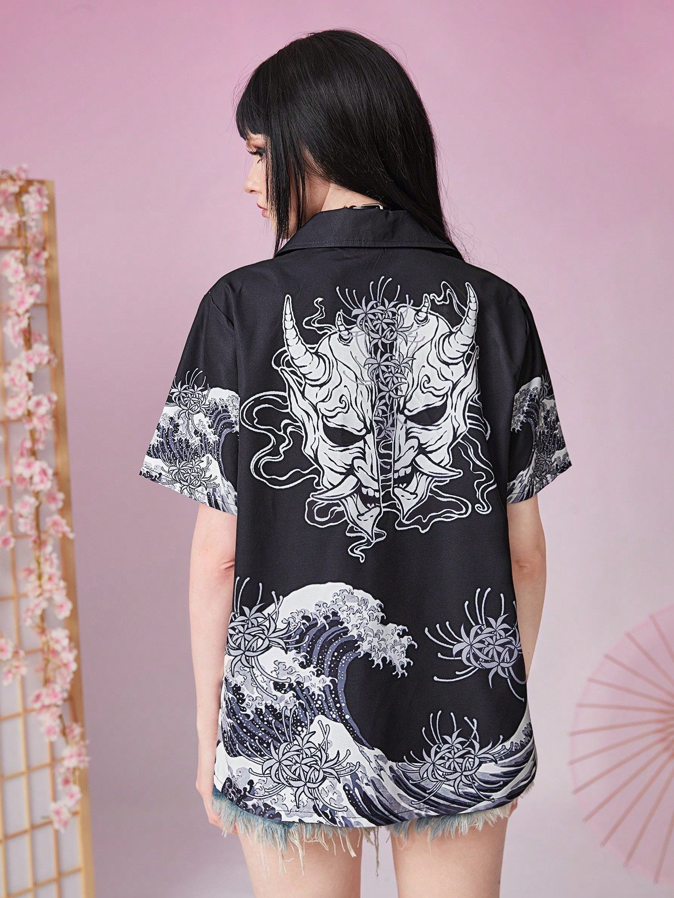 Anime Skull Floral Print Button Front Shirt