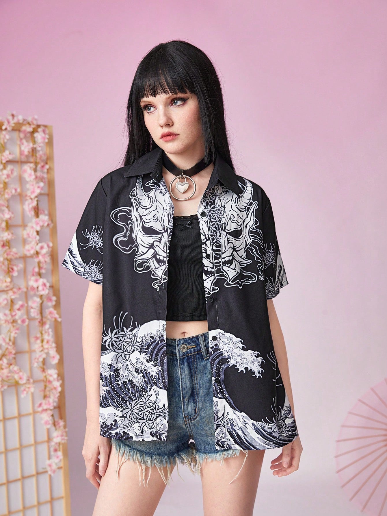 Anime Skull Floral Print Button Front Shirt