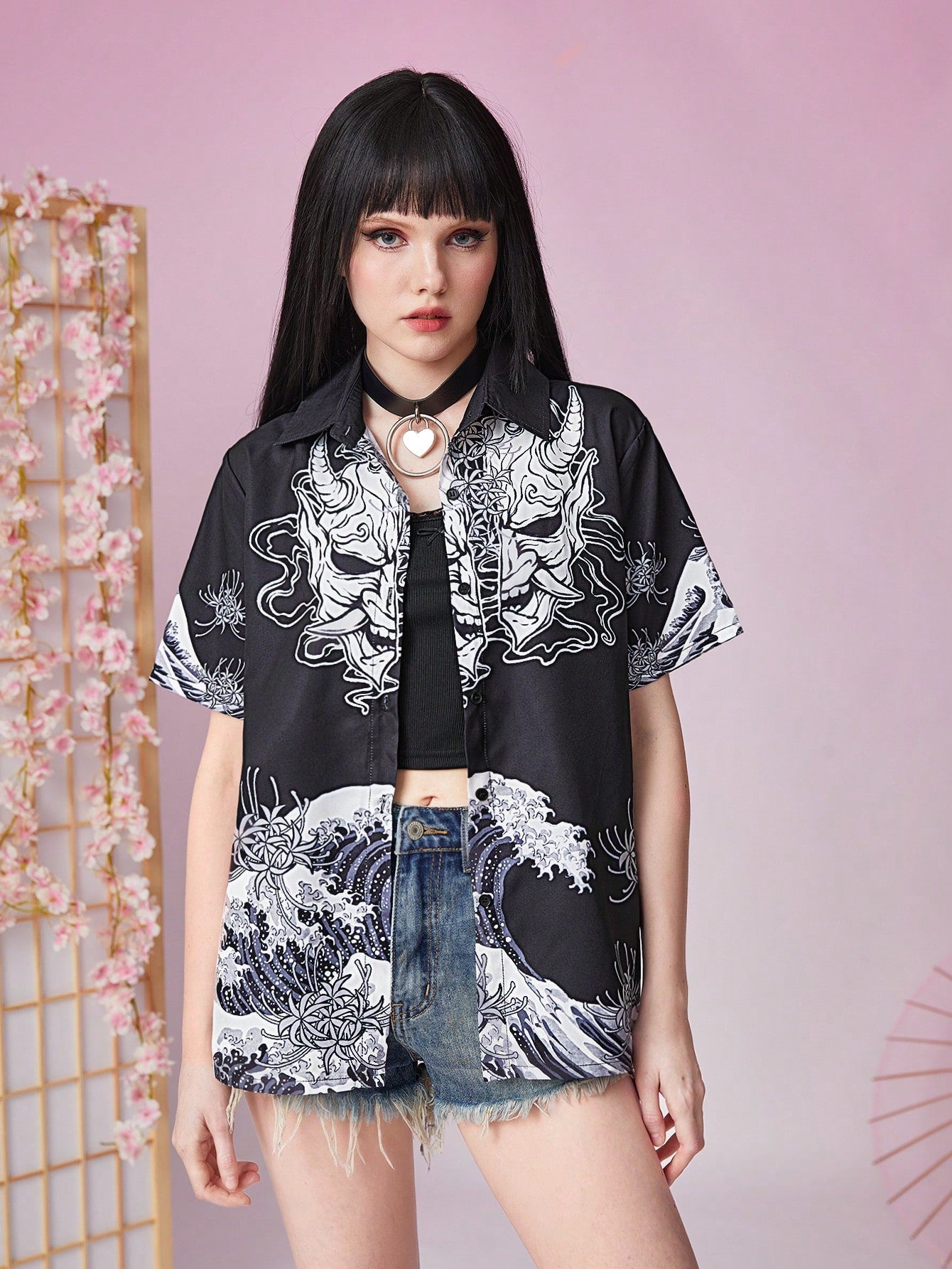 Anime Skull Floral Print Button Front Shirt