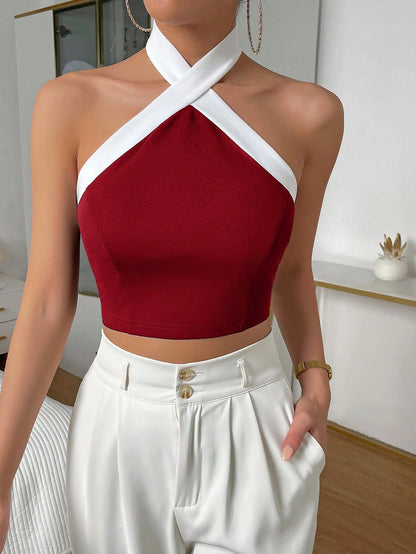 Contrast Trim Halter Top