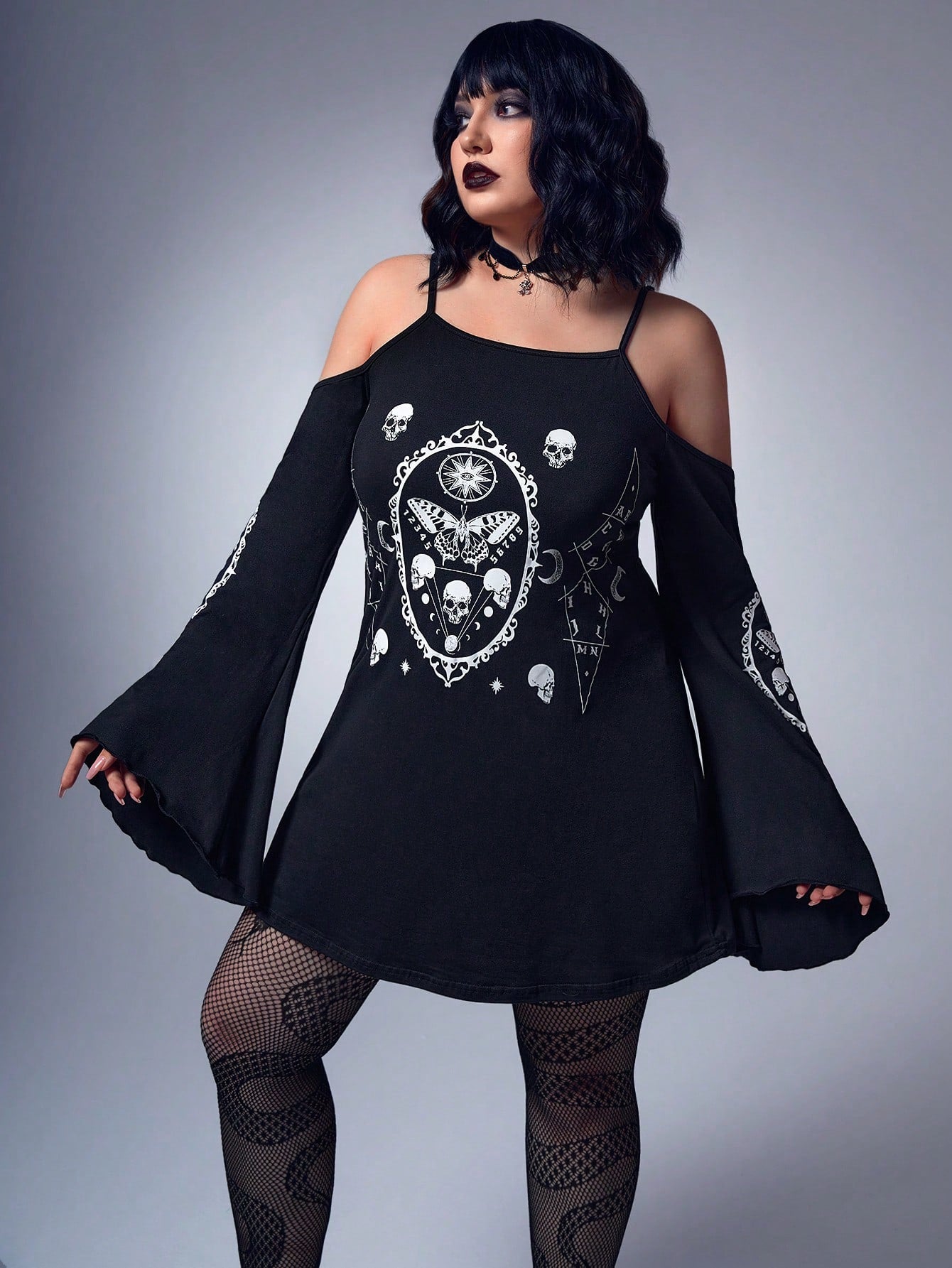 Skull Print Cold Shoulder Flounce Sleeve Dress