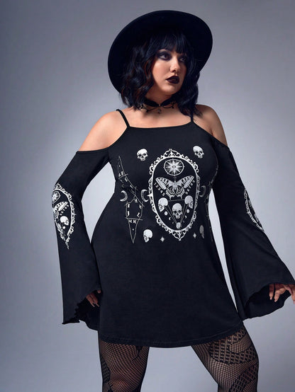 Skull Print Cold Shoulder Flounce Sleeve Dress