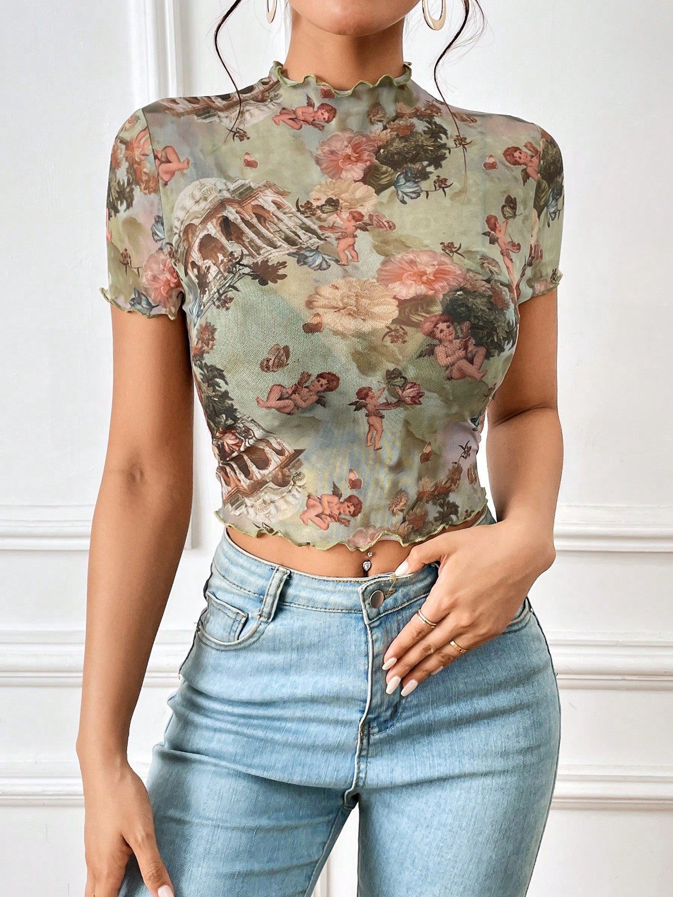 Graphic Lettuce Trim Mesh Top