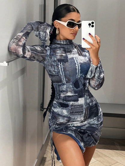 Denim Effect Print Dress